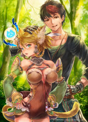 Rule 34 | 1boy, 1girl, animal ears, black hair, black shirt, blonde hair, blush, breasts, cat ears, cat tail, character request, covered navel, detached sleeves, fang, green eyes, hands on own hips, height difference, highres, hori airi, long sleeves, medium breasts, mole, mole under eye, open mouth, outdoors, plant, red eyes, red hair, scar, shirt, short hair, smile, tail, tree, z/x