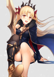 Rule 34 | 1girl, arm support, asymmetrical legwear, asymmetrical sleeves, bad id, bad pixiv id, between breasts, black thighhighs, blonde hair, blush, breasts, cape, commentary request, earrings, ereshkigal (fate), fate/grand order, fate (series), fur-trimmed cape, fur trim, hair ribbon, invisible chair, jewelry, kyoeiki, long hair, open mouth, red eyes, red ribbon, ribbon, single thighhigh, sitting, skull, solo, thighhighs, tiara, tohsaka rin, twintails, uneven legwear, uneven sleeves, weapon