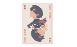 Rule 34 | 1boy, black hair, card, card (medium), character name, closed mouth, commentary, english commentary, flower, gakuran, heart, kamuro shinji, male focus, mob psycho 100, mp100days, playing card, rose, school uniform, short hair, simple background, smile, white background