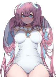 Rule 34 | 1girl, 3:, absurdres, angelic buster, arms behind back, bare shoulders, blue eyes, blue gemstone, blue horns, blush, bow, breasts, brooch, cameltoe, catch (tkjv4228), closed mouth, covered navel, dragon horns, elbow gloves, furrowed brow, gem, gloves, hair between eyes, hair bow, highres, horns, jewelry, large breasts, leotard, long hair, maplestory, multiple hair bows, nose blush, outline, pink hair, solo, thigh gap, thighs, two side up, very long hair, white bow, white gloves, white leotard, white outline