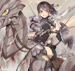 Rule 34 | 1girl, arm shield, armor, armored boots, arrow (projectile), black bow, black gloves, black hair, black shirt, black shorts, black thighhighs, boots, bow, breastplate, broken, broken armor, broken sword, broken weapon, bruise, clenched teeth, commentary, couter, crack, dragon, dragon riding, english commentary, faulds, feet out of frame, gloves, hair bow, highres, holding, holding reins, holding sword, holding weapon, injury, knight, long sleeves, looking afar, looking to the side, medium hair, original, pauldrons, poleyn, ponytail, red eyes, reins, scar, scar on arm, scar on face, scar on leg, shirt, shorts, shoulder armor, signature, skinnysloth, slit pupils, solo, sword, teeth, thighhighs, torn clothes, torn shirt, torn shorts, torn thighhighs, vambraces, weapon, yellow eyes