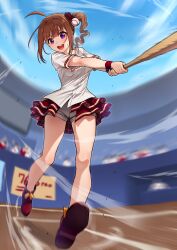 Rule 34 | 1girl, ahoge, baseball bat, baseball hair ornament, baseball jersey, black scrunchie, black skirt, blue sky, blurry, blurry background, boots, brown hair, commentary, day, depth of field, drill hair, hair ornament, hair scrunchie, half-skirt, highres, holding, holding baseball bat, idolmaster, idolmaster million live!, idolmaster million live! theater days, kamille (vcx68), layered skirt, long hair, looking at viewer, miniskirt, motion blur, open mouth, outdoors, purple eyes, red footwear, revision, scrunchie, shirt, shoes, short shorts, short sleeves, shorts, shorts under skirt, side drill, sidelocks, skirt, sky, smile, solo, standing, sweatdrop, swinging, white shirt, white shorts, wind, yokoyama nao