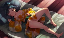 Rule 34 | 1girl, barefoot, bed, bedroom, black hair, blanket, blush, born-to-die, breasts, brown eyes, checkered clothes, checkered kimono, cleavage, collarbone, highres, inuyasha, japanese clothes, kimono, long hair, long sleeves, looking at viewer, lying, medium breasts, obi, off shoulder, open mouth, pillow, ponytail, rin (inuyasha), sash, side ponytail, solo, wide sleeves, yellow kimono