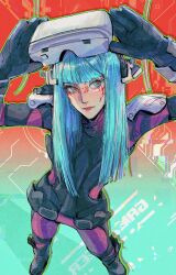 Rule 34 | 1girl, black gloves, black headwear, blue eyes, blue hair, blunt bangs, bodysuit, boots, chisa (xg), colored sclera, eyewear on head, frown, full body, glitch, gloves, head-mounted display, highres, long hair, looking to the side, purple bodysuit, real life, red sclera, shadow, solo, xg (group), youki (youkiwww)