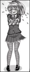 Rule 34 | 10s, 1girl, ascot, blush, bow, box, commentary request, full body, gift, gift box, greyscale, hair ornament, highres, holding, holding gift, jacket, kantai collection, kumano (kancolle), long hair, long sleeves, monochrome, open mouth, outstretched arms, petals, pleated skirt, ponytail, religious offering, school uniform, shino (ponjiyuusu), sidelocks, skirt, smile, solo, thighhighs, wax seal, white background, wind, wind lift, zettai ryouiki