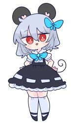 Rule 34 | 1girl, animal ears, black dress, black footwear, blue bow, blue bowtie, bow, bowtie, dowsing rod, dress, highres, jewelry, kneehighs, mary janes, mouse (animal), mouse ears, mouse girl, mouse tail, nazrin, op na yarou, pendant, shirt, shoes, simple background, skirt, smile, socks, solo, suspender skirt, suspenders, tail, touhou, white background, white shirt