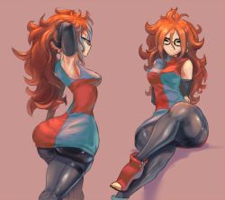 Rule 34 | android 21, ankle boots, armpits, arms up, ass, bare shoulders, blue eyes, boots, breasts, brown hair, curly hair, cutesexyrobutts, detached sleeves, dragon ball, dragon ball fighterz, earrings, glasses, high heel boots, high heels, highres, jewelry, long hair, looking at viewer, medium breasts, messy hair, pantyhose, pink background, simple background, sitting, thick thighs, thighs, wide hips