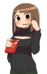 Rule 34 | 1girl, black sweater, blush, breasts, brown eyes, brown hair, cleavage, cleavage cutout, clothing cutout, commentary request, eating, food, hair ornament, hairclip, harau, holding, large breasts, long hair, long sleeves, looking at viewer, meme attire, open-chest sweater, original, pocky, ribbed sweater, simple background, solo, sweater, upper body, white background