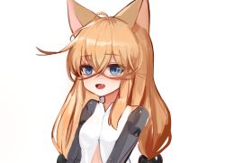 Rule 34 | 1girl, :d, ahoge, animal ears, bad id, bad pixiv id, blue eyes, breasts, cat ears, commentary request, crossed bangs, dokomon, dress, fang, g41 (girls&#039; frontline), girls&#039; frontline, hair between eyes, hair ornament, highres, korean commentary, light brown hair, long hair, looking at viewer, open mouth, simple background, small breasts, smile, solo, upper body, very long hair, white background, white dress