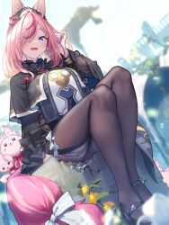 Rule 34 | 1girl, animal ears, baffu, black footwear, black thighhighs, blue eyes, blurry, blurry background, blush, bow, commentary request, creature, hair ornament, hanayono menora, hand in own hair, highres, indie virtual youtuber, long hair, looking at viewer, multicolored hair, parted lips, pink hair, pink nails, second-party source, sitting, solo, thighhighs, two-tone hair, very long hair, virtual youtuber, white bow