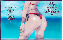 Rule 34 | 1girl, ass, back, bikini, from behind, from below, g-string, hip focus, huge ass, monster girl, monster musume no iru nichijou, scar, solo, stitches, string, string bikini, swimsuit, t-back, thong, underwear, zombie, zombina (monster musume)