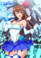 Rule 34 | 1girl, bare shoulders, blue eyes, blue skirt, blue trim, breasts, brooch, brown hair, cleavage, commentary request, covered navel, cowboy shot, detached collar, drawperson, elbow gloves, garter straps, gloves, hair ornament, hair ribbon, highres, holding, holding microphone, hololive, idol clothes, jewelry, large breasts, leotard, leotard under clothes, long hair, looking at viewer, microphone, miniskirt, one eye closed, open mouth, red ribbon, ribbon, skindentation, skirt, solo, star (symbol), star hair ornament, strapless, strapless leotard, thighhighs, tokino sora, virtual youtuber, white gloves, white leotard, white thighhighs