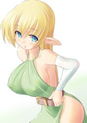 Rule 34 | 00s, 1girl, armpits, bare shoulders, belt, blonde hair, blue eyes, breasts, covered erect nipples, elbow gloves, elf, gloves, halterneck, kourourin, large breasts, no bra, no panties, pointy ears, solo, tiffania westwood, zero no tsukaima