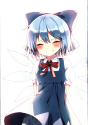 Rule 34 | 1girl, absurdres, arms behind back, bloomers, blue bow, blue dress, blue hair, blush, bow, bowtie, cirno, closed eyes, collared shirt, dress, fairy, fang, hair between eyes, hair bow, highres, ice, ice wings, large bow, pinafore dress, puffy short sleeves, puffy sleeves, red bow, red bowtie, scan, shirt, shnva, short hair, short sleeves, simple background, sleeveless, sleeveless dress, smile, solo, standing, teeth, touhou, underwear, v-shaped eyebrows, white background, white bloomers, white shirt, wings