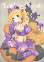 Rule 34 | 1girl, animal ears, animal hands, argyle, argyle background, argyle clothes, blonde hair, blue eyes, blush, cat ears, cat tail, closed mouth, fake animal ears, food-themed hair ornament, fur trim, hair ornament, halloween, hand up, jack-o&#039;-lantern, kani biimu, looking at viewer, midriff, navel, original, outstretched arm, paw shoes, pillow, pumpkin, purple skirt, shimotsuki potofu, sitting, skirt, solo, striped clothes, striped thighhighs, suspenders, tail, thighhighs, trick or treat, two side up, vertical-striped clothes, vertical-striped thighhighs, wariza