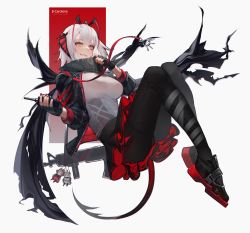 Rule 34 | 1girl, absurdres, antennae, arknights, artist name, black footwear, black pantyhose, black scarf, black skirt, breasts, controller, demon, demon girl, demon horns, demon tail, grey shirt, gun, highres, holding, holding remote control, horns, jacket, large breasts, lufi ays, nail polish, pantyhose, red nails, remote control, scarf, shirt, shoes, short hair, skirt, sleeves past elbows, solo, tail, two-sided fabric, two-sided skirt, two-tone background, w (arknights), weapon, white hair, yellow eyes