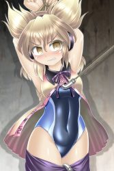 Rule 34 | 1girl, angry, animal ears, armpits, arms behind head, bdsm, bondage, bound, bound wrists, breasts, brown eyes, brown hair, highres, hook, rope, sleeveless, small breasts, swimsuit, thighs, touhou, toyosatomimi no miko, undressing, winn