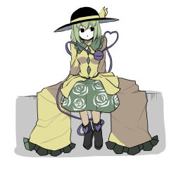 Rule 34 | 1girl, black footwear, black hat, breasts, collared shirt, floral print, frilled shirt collar, frilled sleeves, frills, full body, green hair, green skirt, hat, hat ribbon, heart, heart of string, highres, komeiji koishi, long sleeves, looking at viewer, medium breasts, medium hair, no nose, oversized clothes, oversized shirt, peroponesosu., ribbon, shirt, shoes, simple background, sitting, skirt, sleeves past fingers, sleeves past wrists, solo, third eye, touhou, white background, wide sleeves, yellow shirt