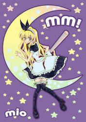 Rule 34 | 1girl, baseball bat, blonde hair, crescent moon, female focus, full body, highres, isurugi mio, kayuku (imp69), long hair, maid, mm!, moon, on crescent, sitting on moon, solo, star (symbol), thighhighs, zettai ryouiki