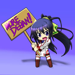 Rule 34 | 1girl, black hair, boots, chibi, crossover, fang, holding, holding sign, infinite stratos, long hair, more deban, open mouth, parody, placard, ponytail, purple eyes, shinonono houki, sign, solo, sword art online, tales (tales of phirmament)