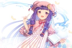 Rule 34 | 1girl, :d, blue bow, blunt bangs, book, bow, capelet, commentary request, crescent, crescent hair ornament, crescent hat ornament, crescent pin, double bun, dress, hair bow, hair bun, hair ornament, hat, hat ornament, hat ribbon, holding, holding book, ichihaya, long dress, long hair, long sleeves, looking at viewer, magic, mob cap, neck ribbon, open book, open mouth, patchouli knowledge, purple bow, purple capelet, purple eyes, purple hair, purple hat, red bow, red ribbon, ribbon, smile, solo, striped clothes, striped dress, touhou, very long hair