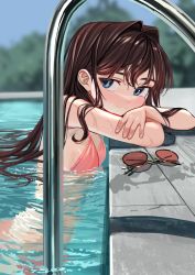 Rule 34 | 1girl, absurdres, bikini, blue eyes, blush, breasts, brown hair, closed mouth, commentary, crossed arms, day, elisia valfelto, english commentary, unworn eyewear, from side, hair intakes, head rest, highres, long hair, looking at viewer, looking to the side, luicent, original, outdoors, partially submerged, pink bikini, pool ladder, poolside, red-framed eyewear, small breasts, smile, solo, sunglasses, swimsuit