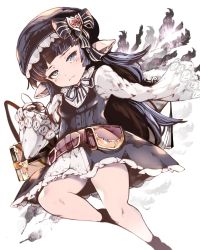 Rule 34 | 1girl, belt, belt buckle, beret, black bow, black dress, black hat, black socks, book, bow, brown belt, buckle, closed mouth, commentary request, dress, eyepatch, granblue fantasy, harvin, hat, hat bow, head tilt, highres, holding, holding eyepatch, kyuu (plastic night q), long hair, long sleeves, looking at viewer, lunalu (granblue fantasy), pointy ears, purple eyes, purple hair, shirt, sleeveless, sleeveless dress, sleeves past fingers, sleeves past wrists, socks, solo, striped, striped bow, unworn eyepatch, very long hair, wavy mouth, white background, white shirt, wide sleeves