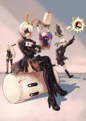 Rule 34 | 1boy, 2b (nier:automata), 2girls, 9s (nier:automata), a2 (nier:automata), absurdres, android, animal ears, arm strap, arm up, bare shoulders, baseball bat, black blindfold, black choker, black eyes, black footwear, black gloves, black shorts, black socks, blindfold, boots, breasts, brown thighhighs, bullet, bunny hood (zelda), choker, cleavage, closed mouth, crossed legs, elbow gloves, fake animal ears, feather-trimmed sleeves, feather trim, gloves, gun, high heel boots, high heels, highres, holding, holding letter, letter, long hair, looking back, mole, mole under mouth, multiple girls, nier:automata, nier (series), nintendo, open mouth, pod (nier:automata), puffy sleeves, rabbit ears, reaching, reaching towards viewer, robot, running, sandbag (smash bros), short hair, shorts, single bare shoulder, single elbow glove, single glove, sitting, skindentation, smash ball, smash invitation, socks, square enix, standing, super smash bros., suru (seiya), thigh boots, thighhighs, transparent, very long hair, weapon, white hair