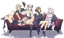 Rule 34 | 5girls, alternate costume, arknights, belt, belt boots, blonde hair, boots, breasts, brown hair, cleavage, couch, crossed legs, feather hair, feathers, fedora, glasses, gloves, grey eyes, grin, hat, horns, ifrit (arknights), jacket, krab (fumekrab), leaning forward, long hair, looking at viewer, looking to the side, lying, material growth, mayer (arknights), multiple girls, orange eyes, oripathy lesion (arknights), pantyhose, platinum blonde hair, ptilopsis (arknights), puffy sleeves, saria (arknights), sequins, silence (arknights), sitting, skirt, smile, suit jacket, tablet pc, thigh boots, thighhighs, toeless footwear, twintails, watermark, white background, yellow eyes