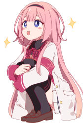 Rule 34 | 1girl, :d, black thighhighs, blush, ixy, loafers, long hair, long sleeves, nijisanji, open mouth, pink hair, shoes, simple background, smile, squatting, suo sango, suo sango (1st costume), tagme, thighhighs, virtual youtuber, white background