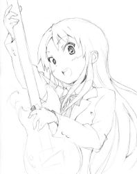 Rule 34 | 1girl, akiyama mio, alternate hairstyle, bass guitar, black eyes, black hair, blush, greyscale, hime cut, instrument, k-on!, long hair, looking at viewer, monochrome, nome (nnoommee), open mouth, school uniform, simple background, smile, solo, uniform, very long hair, white background