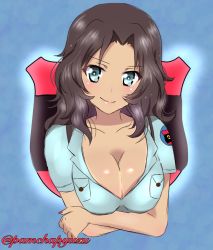 Rule 34 | 10s, 1girl, aoshidan school uniform, black hair, blue division (emblem), blue eyes, blue shirt, breasts, cleavage, collared shirt, commentary request, crossed arms, el (girls und panzer), extra, girls und panzer, hair intakes, looking at viewer, nail polish, pamchapyuzu, portrait, red nails, school uniform, shirt, short sleeves, solo, twitter username