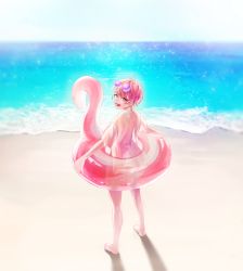 Rule 34 | 1boy, collared shirt, facing to the side, full body, goggles, goggles on head, highres, looking at viewer, looking back, male focus, maruyama reo, nyamnyam0502, ocean, paradox live, pink hair, red eyes, sand, shirt, short hair, short sleeves, smile, solo, water, white shirt