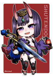 Rule 34 | 1girl, ankle ribbon, artist name, bare shoulders, blush, bottle, breasts, character name, chibi, eyebrows, eyeliner, eyeshadow, fangs, fate/grand order, fate (series), full body, gourd, hair ornament, holding, holding lantern, holding weapon, horns, japanese clothes, kimono, kurono, lantern, leg ribbon, light blush, long sleeves, looking at viewer, makeup, obi, oni, open clothes, open mouth, paper lantern, purple hair, revealing clothes, ribbon, sash, short hair, short kimono, shuten douji (fate), skin-covered horns, small breasts, smile, sword, teeth, thighhighs, weapon, wide sleeves