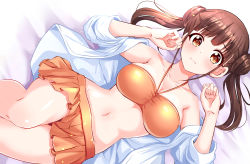 Rule 34 | bandeau, bare legs, bare shoulders, bed sheet, bikini, bikini skirt, blunt bangs, breasts, brown eyes, brown hair, closed mouth, collarbone, commentary request, double bun, feet out of frame, from above, hair bun, highres, idolmaster, idolmaster shiny colors, jacket, looking at viewer, lying, medium breasts, natsu (anta tte hitoha), navel, on back, open clothes, open jacket, orange bikini, solo, sonoda chiyoko, swimsuit, thighs, twintails, white jacket