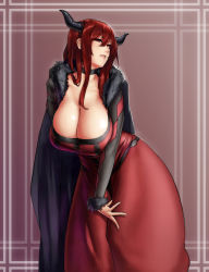 Rule 34 | 10s, 1girl, breasts, cape, choker, cleavage, demon girl, dress, eu03, hand on own knee, hanging breasts, highres, horns, huge breasts, leaning forward, lips, long hair, maou (maoyuu), maoyuu maou yuusha, parted lips, red eyes, red hair, signature, sketch, solo