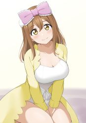 Rule 34 | 1girl, barkhorn0331, breasts, brown hair, closed mouth, collarbone, highres, kunikida hanamaru, large breasts, light blush, looking at viewer, love live!, love live! sunshine!!, medium hair, on floor, ribbon, simple background, sitting, smile, solo, yellow eyes