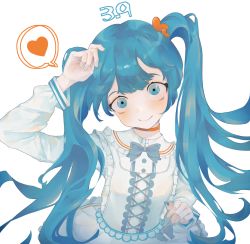 Rule 34 | 1girl, 39, blue eyes, blue hair, bow, bowtie, closed mouth, commentary, dress, grey bow, grey bowtie, hatsune miku, heart, highres, long hair, long sleeves, looking at viewer, simple background, smile, solo, spoken heart, toasu, twintails, upper body, vocaloid, white background, white dress