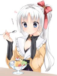 Rule 34 | 1girl, absurdres, blue eyes, blush, bow, breasts, cleavage, cleavage cutout, closed mouth, clothing cutout, commentary, food, frilled kimono, frills, grey hair, hair bow, hair intakes, hair ribbon, hand on own cheek, hand on own face, hands up, happy, heart, heart-shaped pupils, highres, holding, holding spoon, japanese clothes, kimono, long hair, long sleeves, looking at food, looking down, parfait, parted bangs, ponytail, pudding, red bow, red ribbon, ribbon, senren banka, simple background, sleeves past wrists, smile, solo, spoon, symbol-only commentary, symbol-shaped pupils, takepoison, tomotake yoshino, translated, upper body, very long hair, white background, wide sleeves, yellow kimono