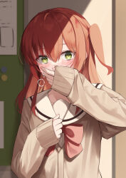 Rule 34 | 1girl, absurdres, blush, bocchi the rock!, bow, brown jacket, chalkboard, classroom, clenched hand, collarbone, commentary request, covered mouth, covering own mouth, eyes visible through hair, full-face blush, green eyes, hair between eyes, hand on own chest, hand over own mouth, highres, indoors, jacket, kita ikuyo, long hair, long sleeves, looking at viewer, magnet, one side up, pink nails, red bow, red hair, sailor collar, school, school uniform, serafuku, shade, shuka high school uniform, side ponytail, sleeves past wrists, solo, standing, toki kimagure, upper body, white sailor collar