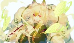 Rule 34 | 1girl, animal ear fluff, animal ears, blonde hair, character request, fox ears, fox tail, gradient hair, hair between eyes, hibi89, holding, holding paintbrush, holding paper, japanese clothes, long hair, long sleeves, looking at viewer, merc storia, multicolored hair, orange eyes, paintbrush, paper, smile, solo, tail, upper body, wide sleeves