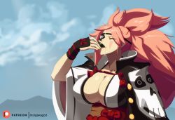 Rule 34 | 1girl, alcohol, amputee, baiken, breasts, cleavage, cup, drinking, eyepatch, closed eyes, guilty gear, guilty gear xrd, highres, huge breasts, japanese clothes, kimono, long hair, morganagod, no bra, official style, one-eyed, open clothes, open kimono, pink hair, ponytail, sakazuki, sake, scar, scar across eye, scar on face, solo