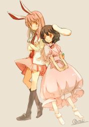 Rule 34 | 2girls, animal ears, atoki, black footwear, black hair, black legwear, brown eyes, carrot necklace, collared shirt, crossed arms, dress, full body, highres, inaba tewi, interlocked fingers, jewelry, long hair, looking at another, looking down, looking to the side, multiple girls, necklace, necktie, pink dress, pink skirt, pleated skirt, purple background, purple hair, rabbit ears, rabbit girl, rabbit tail, red necktie, reisen udongein inaba, shirt, shoes, short hair, short sleeves, side-by-side, simple background, sketch, skirt, smile, socks, sweatdrop, tail, tie clip, touhou, twitter username, untucked shirt, very long hair, white shirt