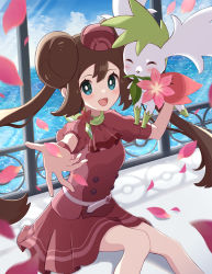 Rule 34 | 1girl, :d, alternate color, aqua eyes, ascot, blush, bright pupils, brown hair, buttons, cloud, commentary request, creatures (company), day, double bun, doughnut hair bun, eyelashes, falling petals, flower, game freak, gen 4 pokemon, glass, hair bun, haru (haruxxe), hat, highres, legendary pokemon, looking at viewer, mythical pokemon, nintendo, official alternate costume, open mouth, petals, pink flower, pleated skirt, pokemon, pokemon masters ex, pokemon on arm, red ascot, red headwear, red skirt, rosa (pokemon), rosa (special costume) (pokemon), shaymin, shaymin (sky), sitting, skirt, sky, smile, tongue, twintails, white pupils