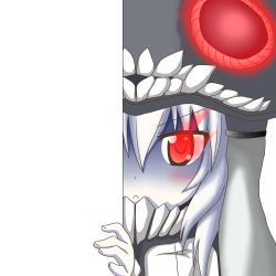 Rule 34 | 10s, 1girl, :&lt;, abyssal ship, colored skin, glowing, glowing eyes, hat, headgear, kantai collection, looking at viewer, nagineko, pale skin, peeking out, red eyes, ruff, solo, transparent background, white hair, white skin, wo-class aircraft carrier