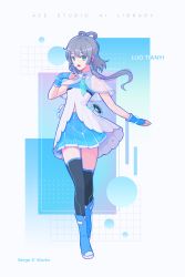 Rule 34 | 1girl, artist name, black thighhighs, blue footwear, blue gloves, blue necktie, blue skirt, capelet, character name, fingerless gloves, floating hair, gloves, green eyes, grey hair, hair between eyes, hair tubes, highres, long hair, luo tianyi, miniskirt, necktie, open mouth, pleated skirt, see-through, serge s, short necktie, skirt, solo, thighhighs, twintails, vocaloid, white background, white capelet, zettai ryouiki