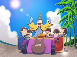Rule 34 | 10s, 5plus5, 6+boys, alcohol, blue sky, bowl cut, brothers, brown hair, car, cloud, cup, day, drinking, drinking glass, driving, eating, food, fruit, hanten (clothes), heart, heart in mouth, kotatsu, lens flare, male focus, mandarin orange, matsuno choromatsu, matsuno ichimatsu, matsuno jyushimatsu, matsuno karamatsu, matsuno osomatsu, matsuno todomatsu, motor vehicle, multiple boys, osomatsu-kun, osomatsu-san, osomatsu (series), pajamas, palm tree, race vehicle, racecar, sextuplets, siblings, sky, smile, stack, standing, table, tree, wine, wine glass, yunomi