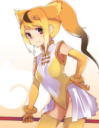 Rule 34 | 10s, 1girl, animal ears, armpit peek, baton, blonde hair, bracelet, brown eyes, brown hair, circlet, elbow gloves, from side, gloves, golden snub-nosed monkey (kemono friends), gradient background, gradient hair, hair ornament, hand on own hip, high ponytail, highres, holding, holding staff, japari symbol, jewelry, kemono friends, leotard, long hair, looking at viewer, monkey ears, multicolored background, multicolored hair, nuqura, orange background, orange hair, pink background, ponytail, simple background, skirt, sleeveless, smile, solo, staff, tareme, thighhighs, turtleneck, weapon, white background, white hair, white skirt, yellow thighhighs