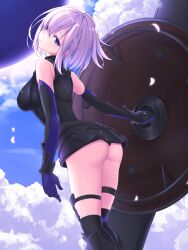 Rule 34 | 1girl, armor, armored dress, ass, black dress, breasts, cloud, dress, elbow gloves, falling petals, fallstreak hole, fate/grand order, fate (series), gloves, hair between eyes, highres, holding, holding shield, kiukoma, large breasts, looking back, mash kyrielight, petals, purple eyes, purple hair, shield, short hair, sky, sleeveless, sleeveless dress, solo, thigh strap, two-tone gloves