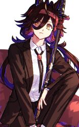 Rule 34 | 1girl, ahoge, alternate costume, animal ears, antenna hair, black hair, black jacket, black pants, black suit, closed mouth, collared shirt, commentary request, couch, dress pants, dress shirt, ear ornament, feet out of frame, formal, frown, hair between eyes, headband, highres, holding, holding weapon, horse ears, horse girl, horse tail, jacket, jagaimobeniko, long hair, long sleeves, looking at viewer, no reason (umamusume), on couch, open clothes, open jacket, pants, polearm, red headband, shirt, simple background, sitting, solo, spear, suit, tail, umamusume, weapon, white background, white shirt, yellow eyes